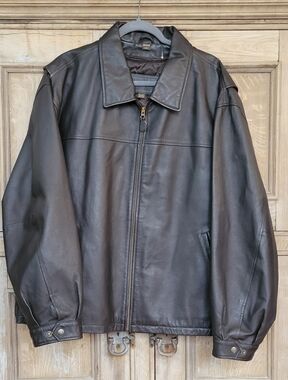 St. John's Bay Men's Brown Leather Bomber Jacket with Zip Front